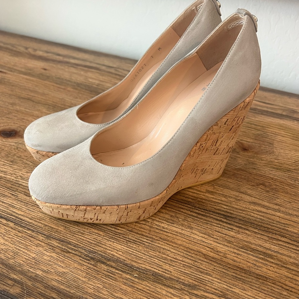 Stuart Weitzman Light Gray Suede Cork Wedges